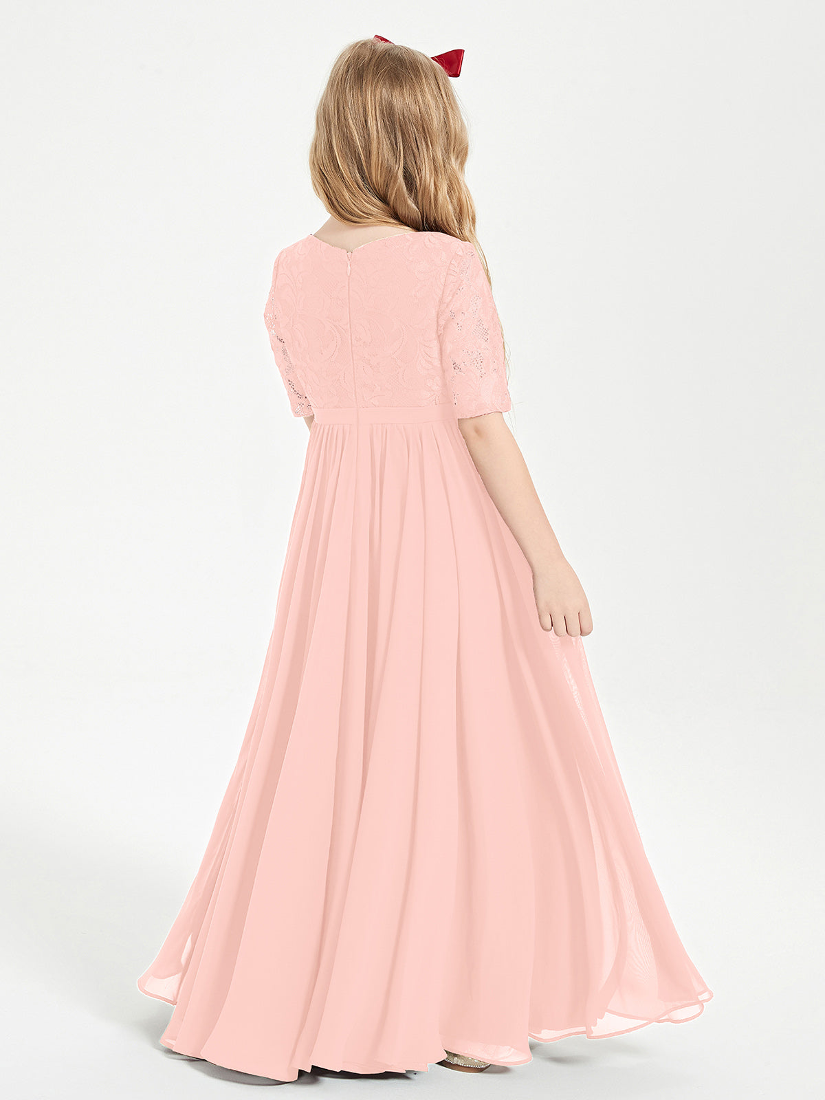 Lace Top Half Sleeved Junior Bridesmaids Dresses Coral